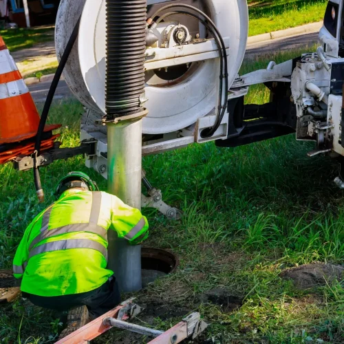 Cleaning the sewer system special equipment on utility service in the town.