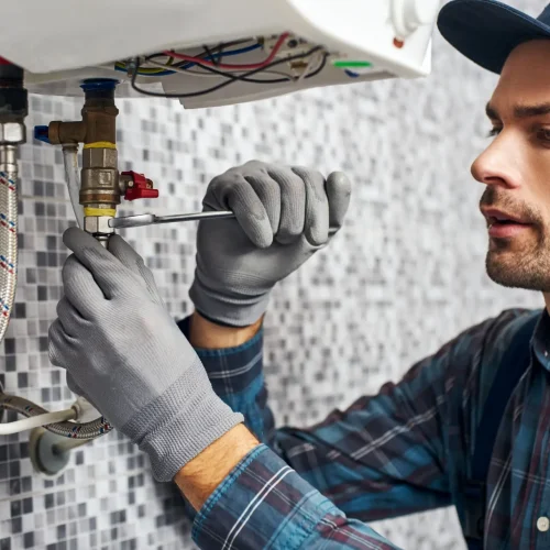 Wrench always with you. Worker set up electric heating boiler at home. Close-up of young handyman